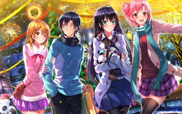 HD wallpaper from My Teen Romantic Comedy SNAFU featuring Yukino Yukinoshita, Yui Yuigahama, Iroha Isshiki, and Hachiman Hikigaya in a festive, colorful setting with holiday lights and decorations.