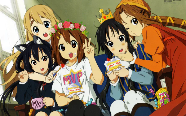 HD wallpaper featuring the K-ON! characters: Azusa Nakano, Tsumugi Kotobuki, Ritsu Tainaka, Yui Hirasawa, and Mio Akiyama, enjoying snacks and having fun together.