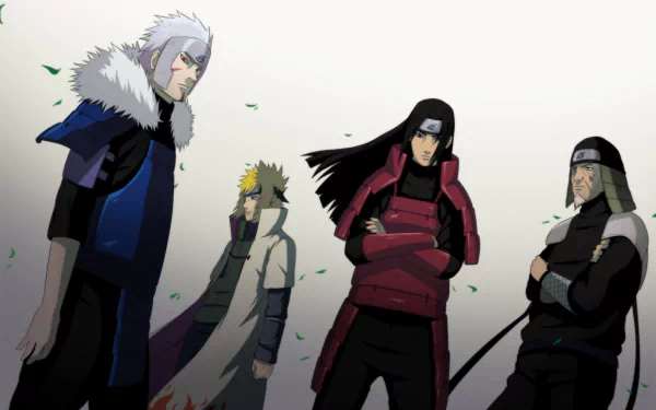 HD desktop wallpaper of the Hokage from Naruto, featuring Minato Namikaze, Hiruzen Sarutobi, Tobirama Senju, and Hashirama Senju. The Hokage stand confidently against a light background with scattered leaves.