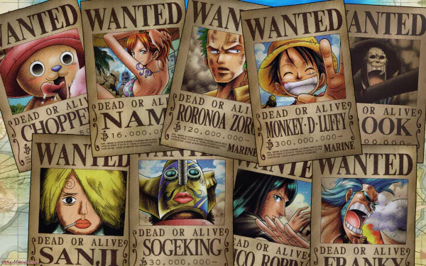 HD desktop wallpaper featuring One Piece characters Tony Tony Chopper, Nico Robin, Franky, Usopp, Sanji, Brook, Monkey D. Luffy, and Roronoa Zoro on their wanted posters.