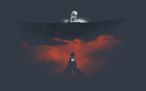 HD desktop wallpaper featuring Eren Yeager from Attack on Titan standing dramatically with the Colossal Titan's silhouette looming behind him, set against a dark, fiery backdrop.