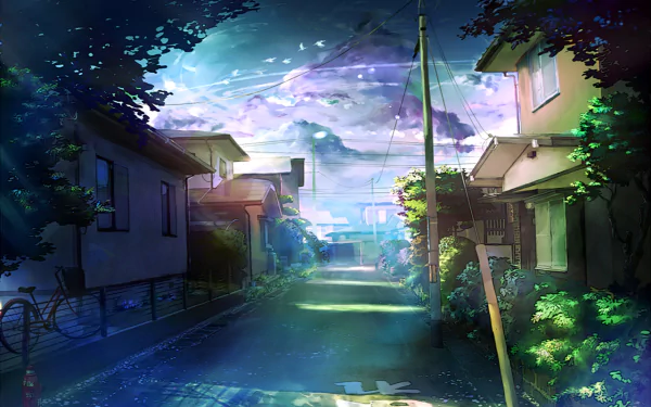 HD desktop wallpaper featuring an anime street scene. A peaceful neighborhood with houses, a road, and a parked bike under a cloudy sky. Lush greenery and serene ambiance complete the landscape.
