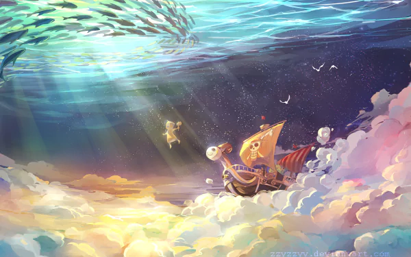 HD desktop wallpaper featuring the Going Merry ship from the anime One Piece, underwater with rays of sunlight, colorful marine life, and vibrant clouds.
