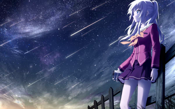 Anime character Nao Tomori with long white hair and purple eyes, wearing a red bow and skirt, stands against a fence at night. The sky is filled with stars and shooting stars. Background from Charlotte (Anime).