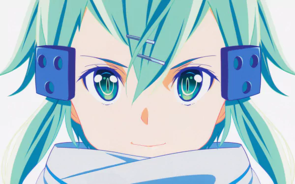 A vibrant HD wallpaper featuring Sinon from Sword Art Online II, showcasing her captivating eyes and trademark green hair, set against a clean, minimalistic background.