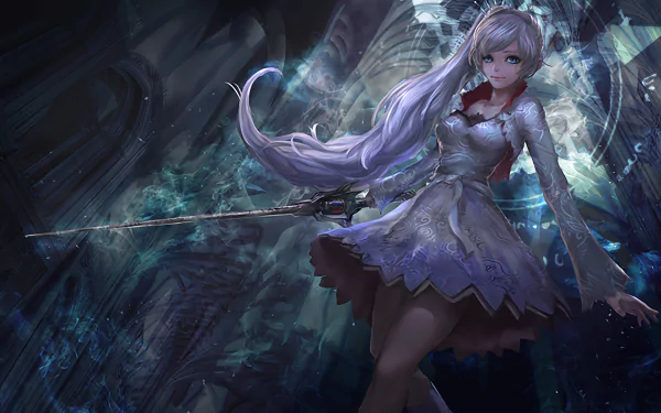 HD desktop wallpaper of Weiss Schnee from RWBY, featuring her with long hair in a ponytail and blue eyes, elegantly posing with a sword in an ethereal, dark background.