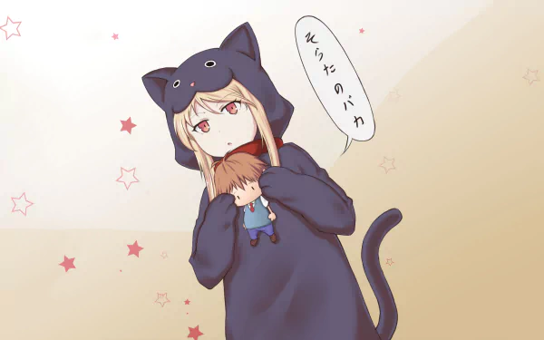 HD desktop wallpaper featuring Mashiro Shiina from Sakurasou no Pet na Kanojo in a cat costume holding a plush toy, with a soft background decorated with star patterns.
