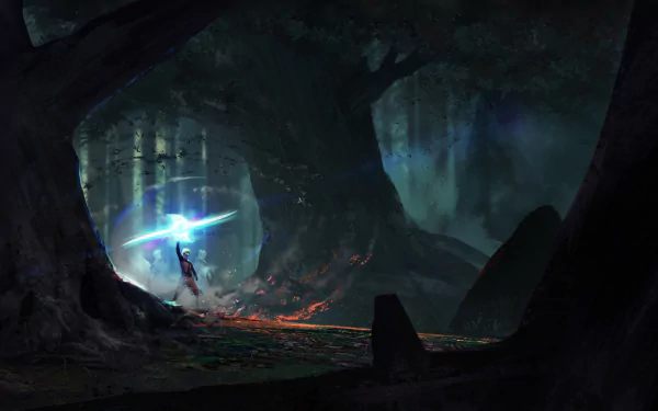HD desktop wallpaper featuring Naruto Uzumaki from the anime Naruto, depicted in a dark, mysterious forest with a bright energy orb illuminating the surroundings.