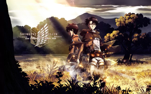 HD desktop wallpaper featuring Eren Yeager and Levi Ackerman from the anime Attack on Titan, standing in a sunlit field with the emblem of the Survey Corps in the background.