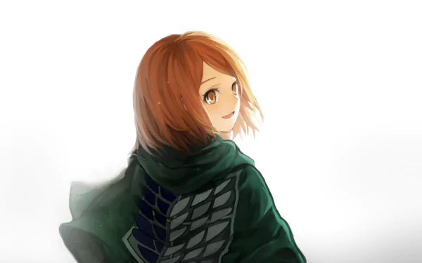 HD desktop wallpaper featuring Petra Ral from the anime Attack on Titan, showcasing her in a green cloak with scouting legion emblem, looking back with a serene expression.