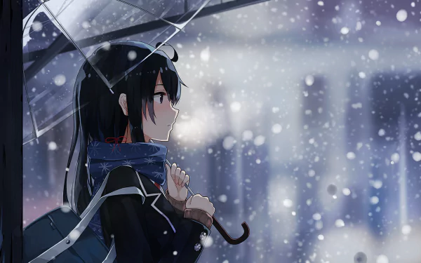 HD desktop wallpaper featuring Yukino Yukinoshita from My Teen Romantic Comedy SNAFU, standing under an umbrella in a serene snowfall.