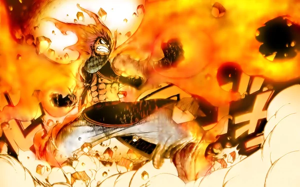 HD desktop wallpaper featuring Natsu Dragneel from the anime Fairy Tail, surrounded by intense flames and dynamic action.