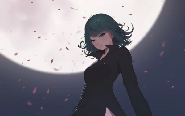 HD wallpaper featuring Tatsumaki from One-Punch Man against a backdrop of a full moon and falling cherry blossoms.