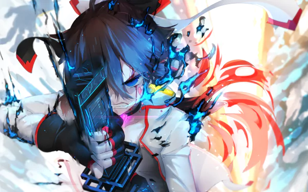 Anime character with intense expression and dynamic colors, wielding a glowing weapon. Tagged with Pixiv Fantasia T. High-definition wallpaper and background.