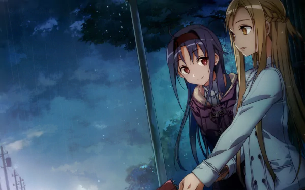 HD wallpaper featuring Yuuki Konno and Asuna Yuuki from Sword Art Online II anime, standing together with a serene night sky background.
