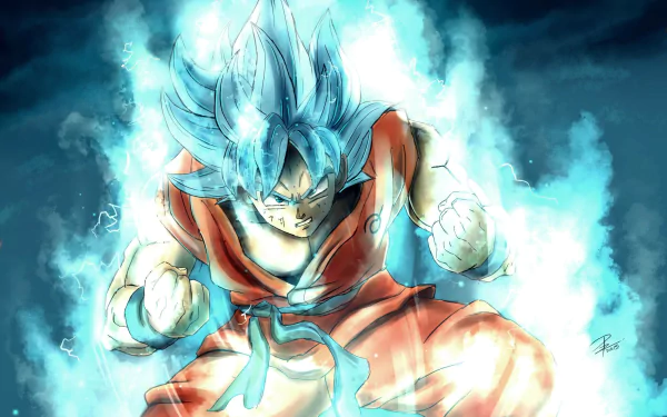 HD desktop wallpaper of Goku in his Super Saiyan Blue form from Dragon Ball Super, surrounded by a blue aura with clenched fists.
