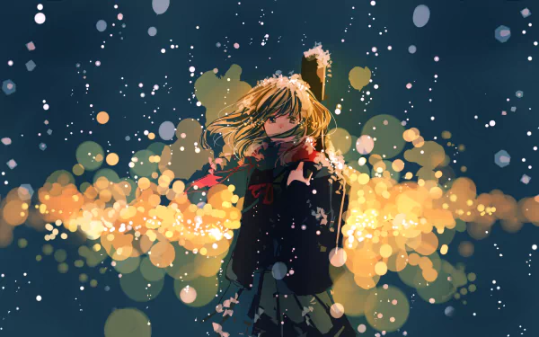 HD anime wallpaper of a girl with flowing hair and scarf, standing amidst glowing lights and falling snowflakes, creates a magical and serene nighttime scene.