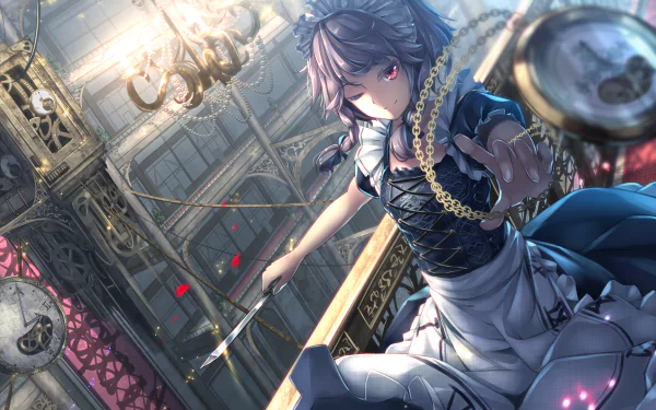 HD desktop wallpaper and background featuring Sakuya Izayoi from the anime Touhou, showcasing her with a determined expression, holding a knife and stopwatch in a beautifully detailed, illuminated setting.