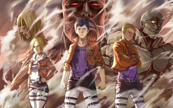 HD desktop wallpaper featuring Bertholdt Hoover, Colossal Titan, Reiner Braun, Armored Titan, and Annie Leonhart from the anime Attack on Titan. Characters are depicted with their Titan forms in the background.