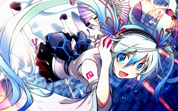 Vibrant 4K Ultra HD wallpaper featuring Hatsune Miku, the popular Vocaloid character, in an energetic pose against a futuristic backdrop filled with colorful elements.