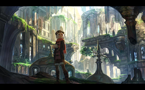 An anime character with white short hair, a hat, and red eyes stands amidst ancient ruins bathed in sunlight. The detailed HD wallpaper showcases lush greenery and architectural beauty.