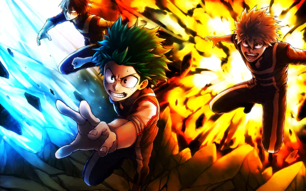 HD desktop wallpaper featuring Katsuki Bakugou, Shoto Todoroki, and Izuku Midoriya from the anime My Hero Academia, showcasing their powers amidst a vibrant, dynamic background of ice and fire.