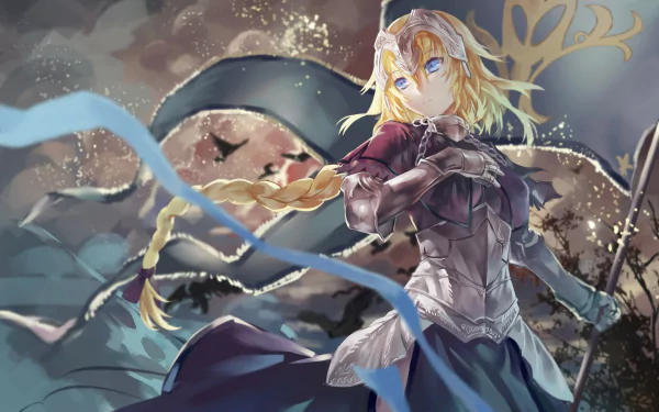HD desktop wallpaper featuring Jeanne d'Arc from Fate/Grand Order. The image shows a blonde woman warrior with blue eyes and a braid, clad in armor, with a dramatic, cloudy sky backdrop.
