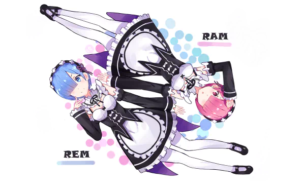HD desktop wallpaper featuring Rem with blue hair and eyes, and Ram with pink hair and eyes, from the anime Re:Zero - Starting Life in Another World, dressed in black and white maid outfits.