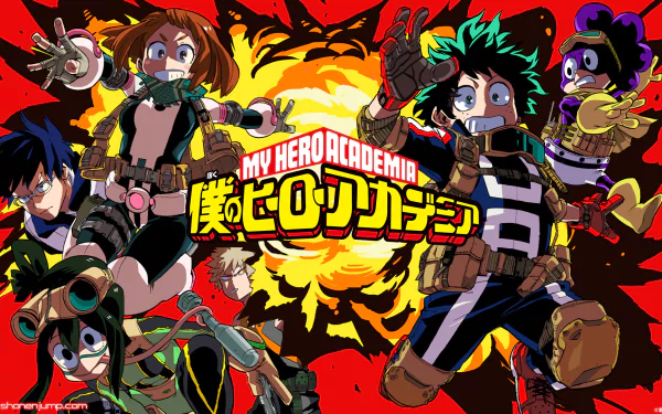 HD desktop wallpaper featuring Katsuki Bakugou, Minoru Mineta, Tenya Iida, Tsuyu Asui, Ochaco Uraraka, and Izuku Midoriya from My Hero Academia, with an explosive background and the My Hero Academia logo.