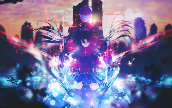 Anime HD wallpaper featuring Rin Tohsaka and Archer from Fate/Stay Night: Unlimited Blade Works. Rin stands with long hair, in a skirt and thigh highs, against a colorful and vibrant backdrop.