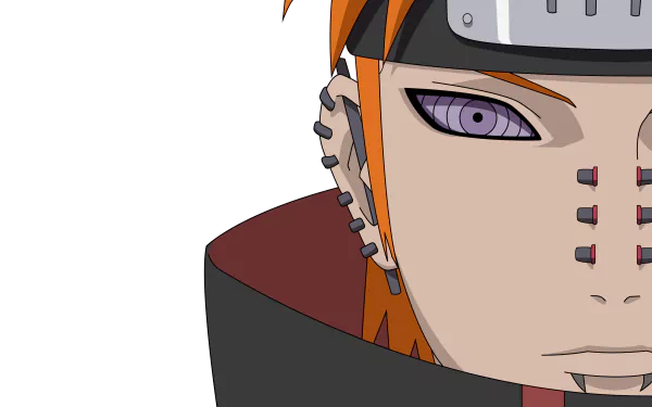 A close-up of Pain from Naruto, featuring his distinctive spiky orange hair and piercing purple eye. This striking image serves as a vibrant HD desktop wallpaper for anime fans.