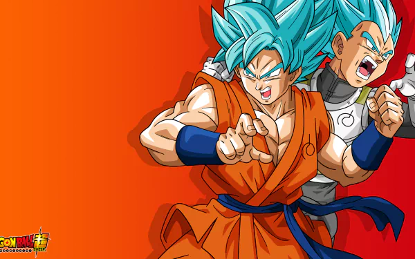HD desktop wallpaper featuring Super Saiyan Blue Goku and Vegeta from Dragon Ball Super, set against an orange background. Both characters display intense expressions, showcasing their powerful forms.