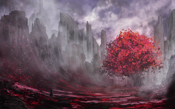 HD anime landscape wallpaper featuring a vibrant red tree against a dramatic, misty backdrop of rugged cliffs and a cloudy sky.