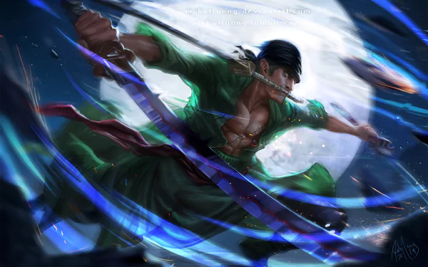 HD desktop wallpaper and background featuring Roronoa Zoro from the anime One Piece, depicted in dynamic action with swords against a moonlit sky.