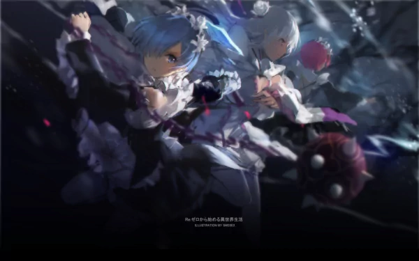 HD wallpaper featuring twins Ram and Rem from Re:Zero - Starting Life in Another World, with Rem having blue hair and Ram with pink hair, alongside Emilia, all in an intense, dark setting.