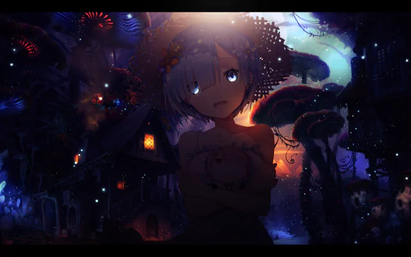 HD desktop wallpaper featuring Rem from Re:ZERO - Starting Life in Another World. Rem, with blue hair and eyes, stands in a mystical, colorful background with a dark, enchanting atmosphere.