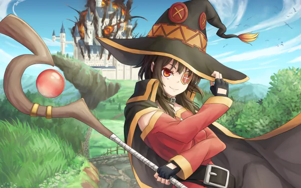 HD desktop wallpaper featuring Megumin from the anime KonoSuba: God's Blessing on This Wonderful World!!, standing confidently with her staff in front of a vibrant, scenic background with a castle.