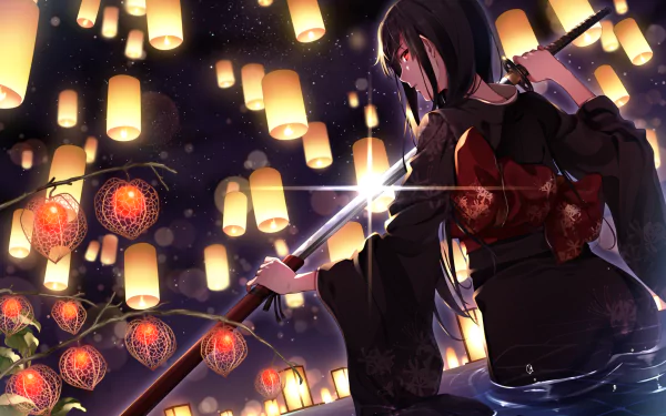 Anime warrior with black hair, red eyes, dressed in a kimono, holds a katana under a sky filled with floating lanterns and candles. Background enhanced with HD detailing for a captivating desktop wallpaper.