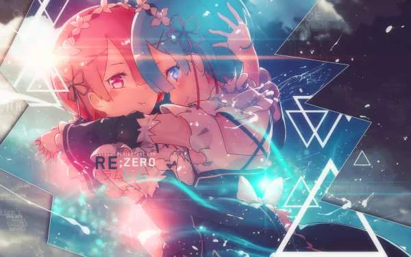 HD desktop wallpaper featuring an anime-style embrace between Ram and Rem from Re:Zero - Starting Life in Another World. Both characters have short hair, with Ram having pink hair and Rem having blue hair and blue eyes.