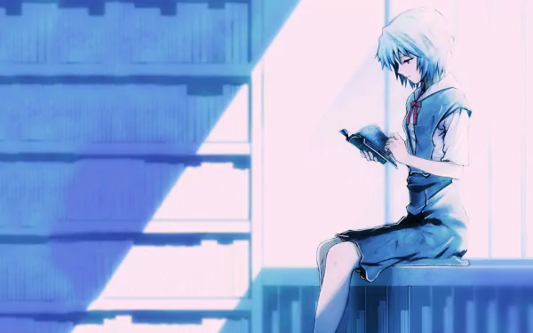 HD wallpaper of Rei Ayanami from Neon Genesis Evangelion, sitting and reading a book against a softly lit background. The serene anime scene makes an excellent desktop background.