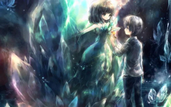 HD anime desktop wallpaper featuring an enchanting angel with glowing wings standing amidst shimmering crystals, holding hands with a young boy in an ethereal, magical background.