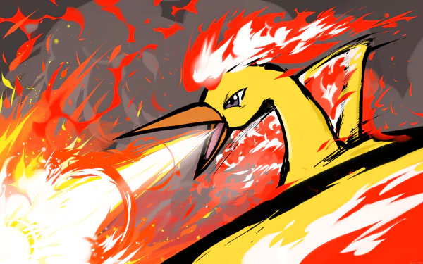 A vibrant HD desktop wallpaper featuring Moltres, the fiery Pokémon, unleashing flames against a dramatic background, capturing the essence of anime and the Pokémon universe.
