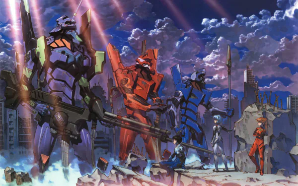 HD wallpaper of Neon Genesis Evangelion featuring Shinji Ikari, Asuka Langley Sohryu, Rei Ayanami, and Evangelion Units-00, 01, and 02 amidst a cityscape under a dramatic sky.