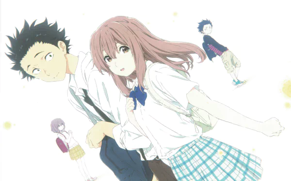HD wallpaper featuring Shouya Ishida and Shouko Nishimiya from the anime A Silent Voice, with additional characters in the background, set against a soft, light-colored backdrop.