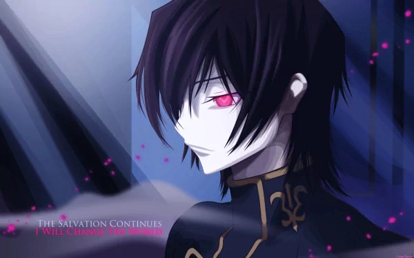 HD desktop wallpaper featuring Lelouch Lamperouge from the anime Code Geass, depicted with dark hair and red eyes, surrounded by a mystical light. Text reads, The salvation continues. I will bring peace.