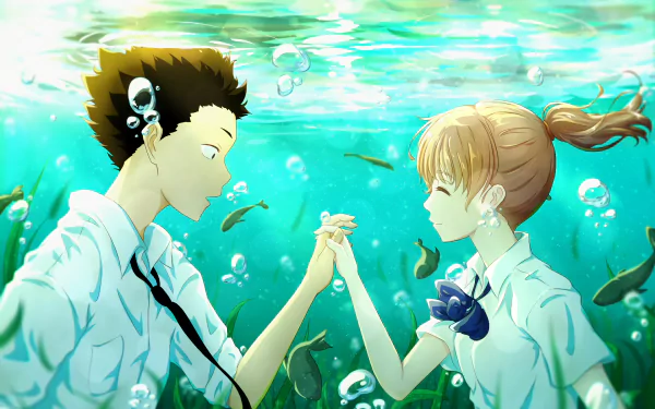 HD desktop wallpaper featuring Shouya Ishida and Shouko Nishimiya from the anime A Silent Voice, holding hands underwater, surrounded by fish and aquatic plants.