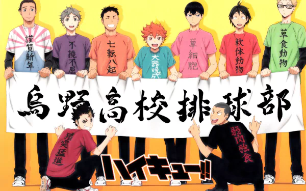 Anime-themed HD wallpaper featuring characters from Haikyū!! in colorful team jerseys, holding a banner together, capturing the spirit of teamwork and sportsmanship.