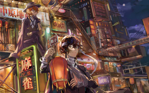 HD wallpaper featuring Chuuya Nakahara and Osamu Dazai from the anime Bungou Stray Dogs, set against a vibrant, bustling cityscape at night.