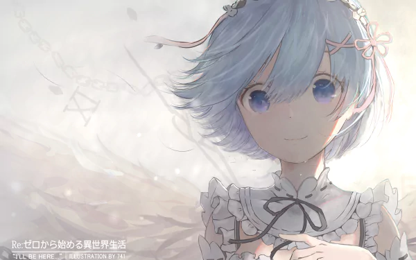 A stunning HD wallpaper of Rem from Re:ZERO - Starting Life in Another World, featuring her sweet expression and signature blue hair, set against a delicate, ethereal background.