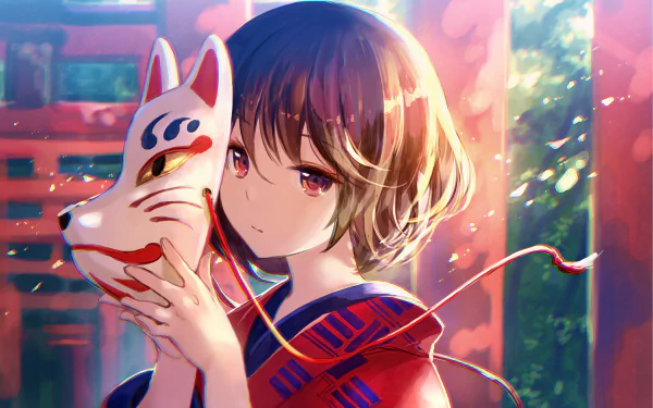 Anime girl holding a fox mask, bathed in warm sunlight with vibrant, colorful background. HD desktop wallpaper and background.